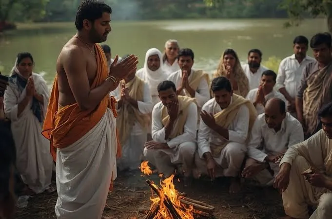 Mourners in white sitting with folded hands around a small fire beside a lake as a man in an orange cloth prays