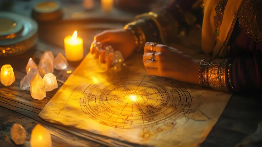 Hands wearing gold bangles and rings over a glowing parchment astrology birth chart, surrounded by lit candles and clear crystals