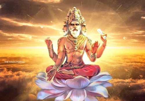 Four-faced Lord Brahma with a white beard seated on a white lotus above golden clouds, holding prayer beads and a scroll