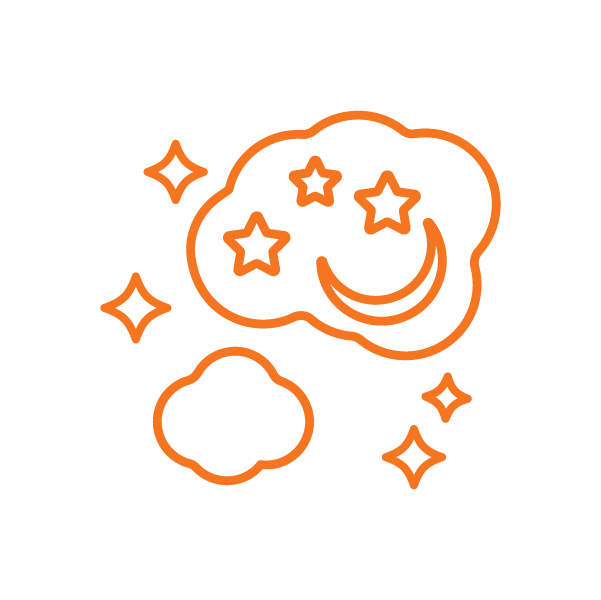 Orange line icon of a cloud with a crescent moon and stars beside a smaller cloud, with sparkles