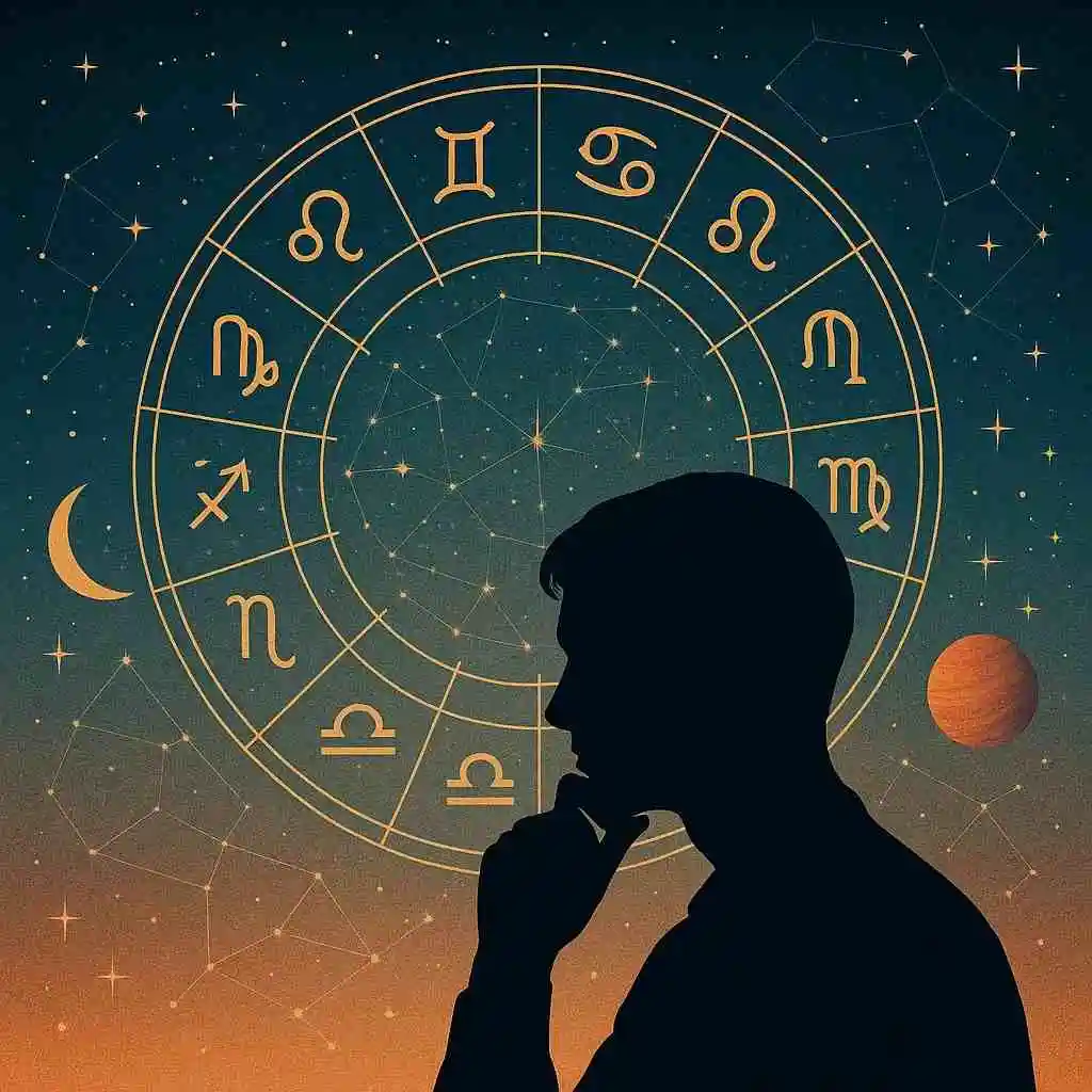 Education horoscope illustration of a thoughtful silhouette with hand on chin in front of a zodiac wheel and constellations