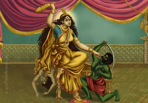 Goddess in a yellow saree raising a club while pulling the tongue of a kneeling green demon, seated on a throne before red curtains