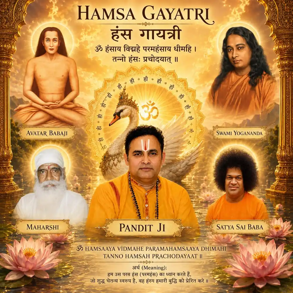 Hamsa Gayatri mantra poster in Sanskrit and Hindi with a crowned golden swan and Om symbol, surrounded by portraits labeled Avatar Babaji, Swami Yogananda, Maharshi, Pandit Ji and Satya Sai Baba, with lotus flowers below