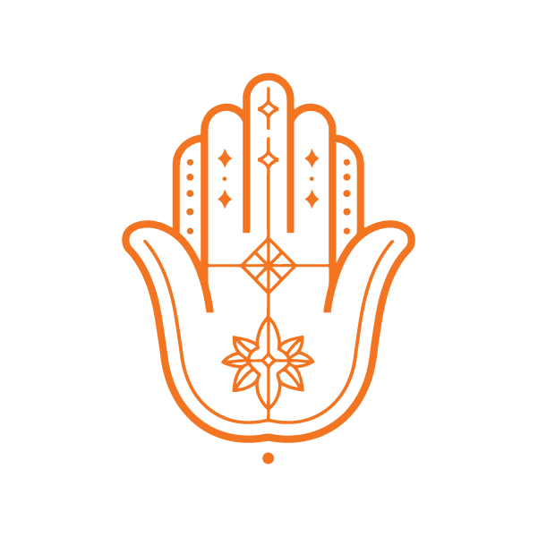 Orange line icon of a decorated hamsa hand with a lotus flower and diamond pattern