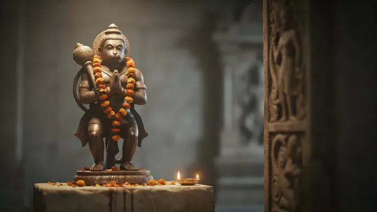 Stone statue of Hanuman with folded hands and a mace, wearing a marigold garland beside a lit oil lamp in a temple