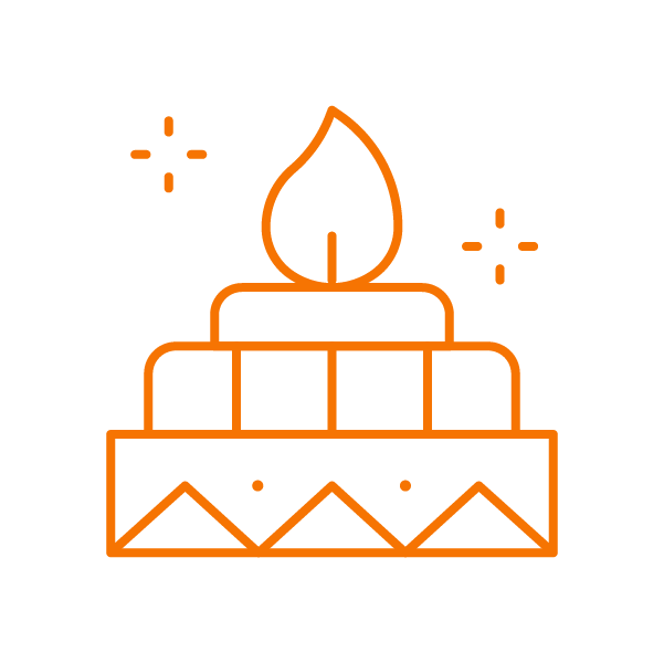 Orange line icon of a flame rising from a stepped havan fire altar with sparkles