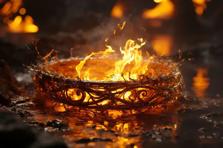 Orange flames rising from an ornate woven metal bowl with swirl patterns, reflected on a dark wet surface