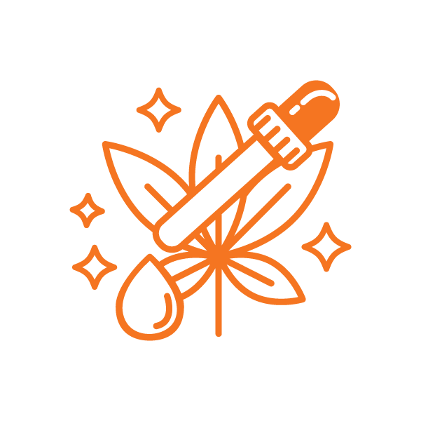 Orange line icon of a dropper over leaves with a falling drop and sparkles