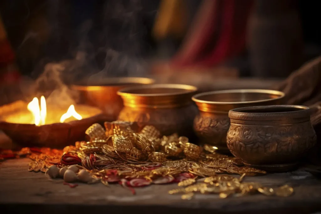 Lohri festival puja setup with a lit diya, ornate brass bowls and golden ceremonial offerings on a wooden table