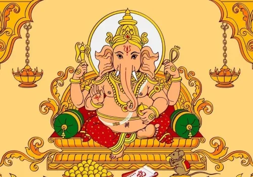 Illustration of Lord Ganesha seated on a golden throne with a bowl of modaks and his mouse, with hanging oil lamps on both sides