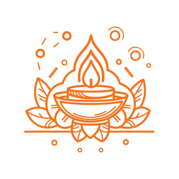 Orange line icon of a lit oil lamp resting on lotus petals and leaves, with decorative circles
