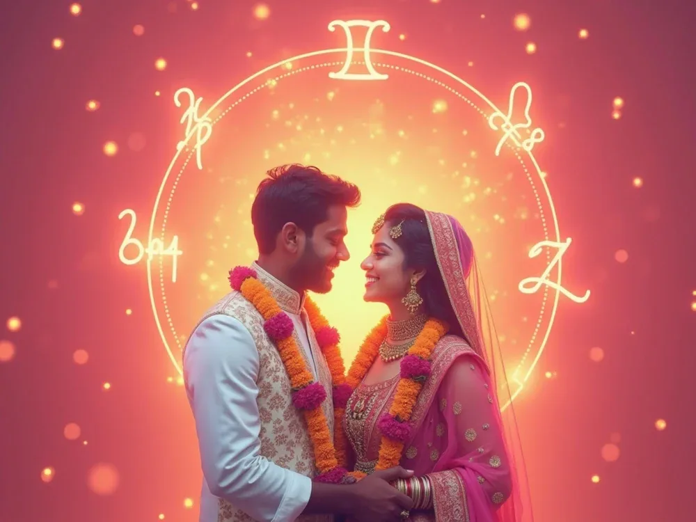 Smiling bride and groom in traditional wedding attire and flower garlands before a glowing zodiac circle for horoscope matching