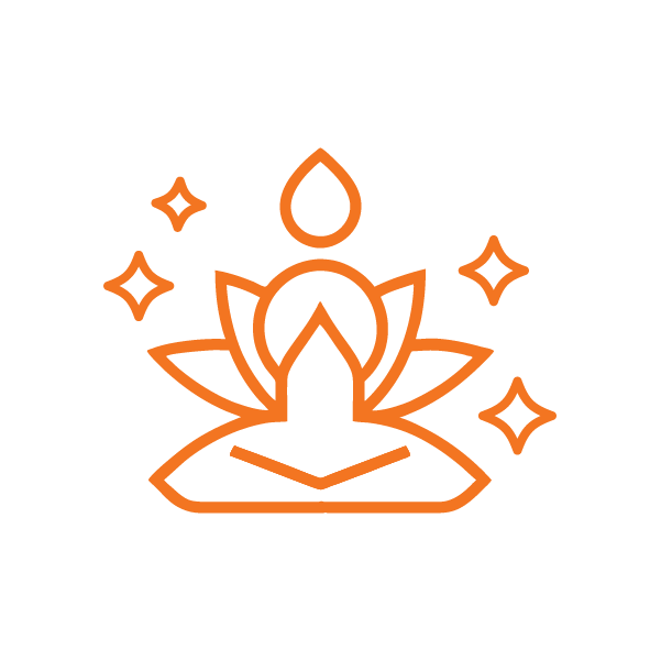 Orange line icon of a person meditating in lotus pose on a lotus flower, with sparkles