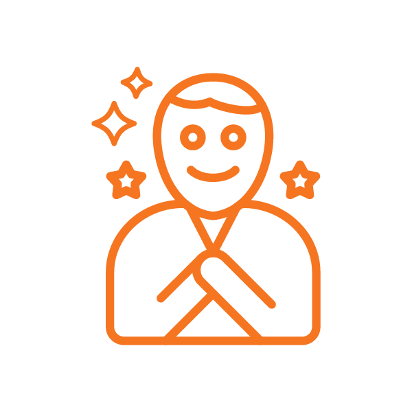 Orange line icon of a smiling person with hands folded in front of the chest, with stars and sparkles