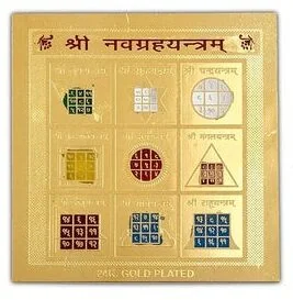 Gold plated Shri Navagraha Yantra with nine squares, one for each planet