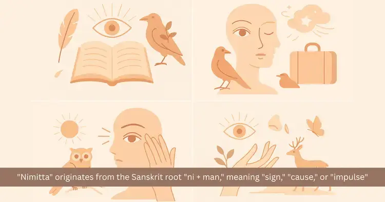 Four peach-toned illustrations of omens, including an eye above an open book, birds, an owl, a hand and a deer, with a caption explaining that Nimitta comes from the Sanskrit root ni + man meaning sign, cause or impulse