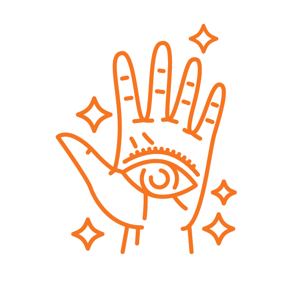 Orange line icon of an open palm with an eye in the center and sparkles around it
