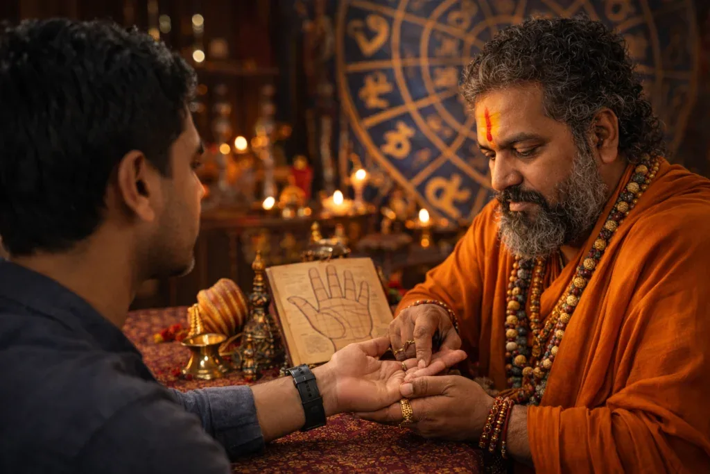 Palmist in saffron robes reading a client's palm beside a palmistry chart, with a zodiac wheel and lit lamps behind