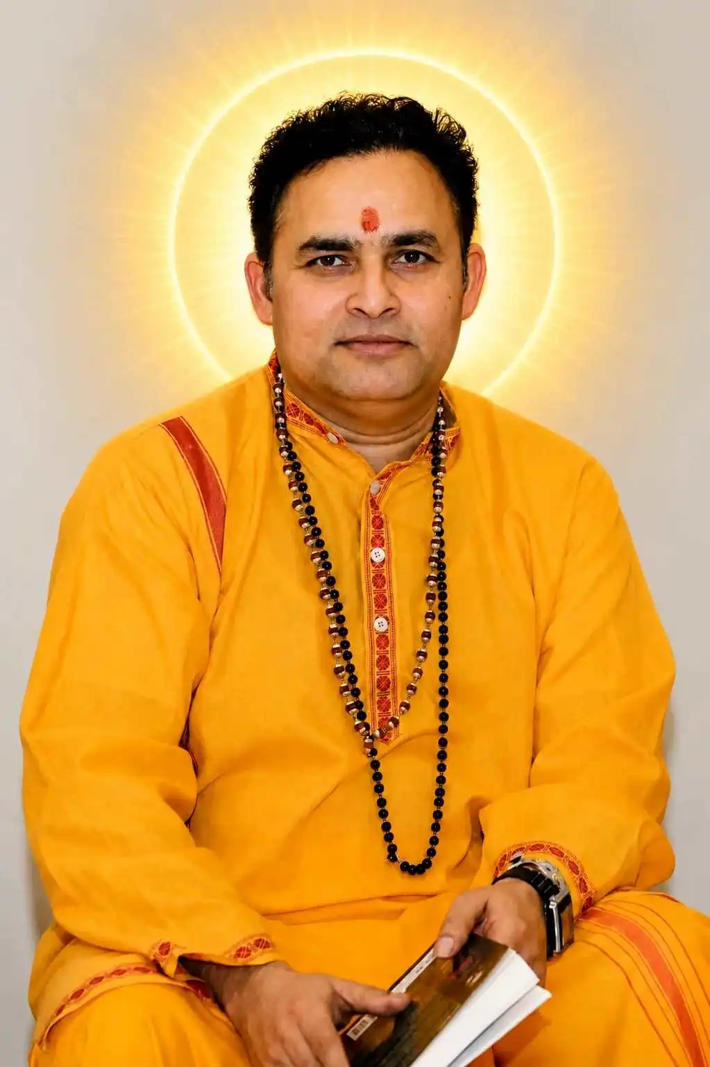 Portrait of Pandit Venkat in a saffron kurta with a rudraksha mala and tilak, seated with a book against a golden halo