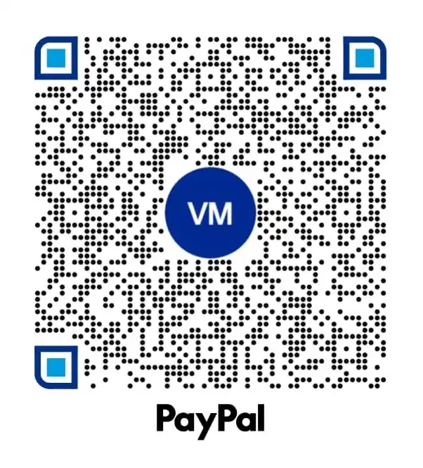 PayPal QR code with a blue circle containing the initials VM in the center