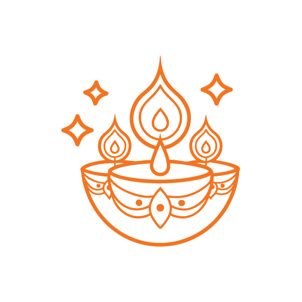 Orange line icon of a decorated diya oil lamp with three flames and sparkles
