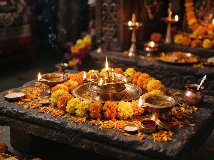 Lit brass diya lamps surrounded by marigold flowers and petals on a stone altar prepared for a traditional puja ritual