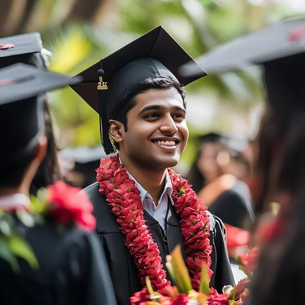 Smiling graduate in a cap and gown wearing a red flower garland among other graduates