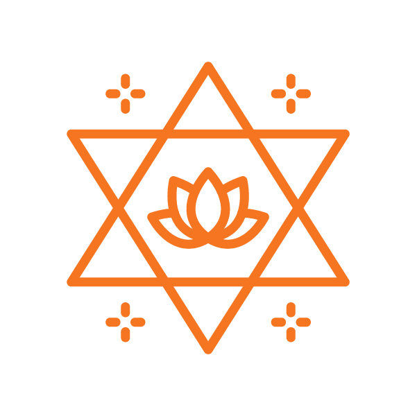 Orange line icon of a six-pointed shatkona star with a lotus flower in the center and four sparkles