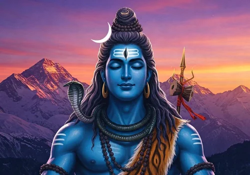 Lord Shiva meditating with a crescent moon, cobra and damaru against snow-capped mountains at sunset for Shiva Havan
