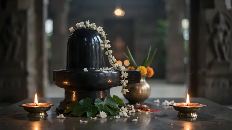 Traditional Shiva lingam worship setup with a jasmine garland, bilva leaves, flowers and two lit brass lamps in a temple