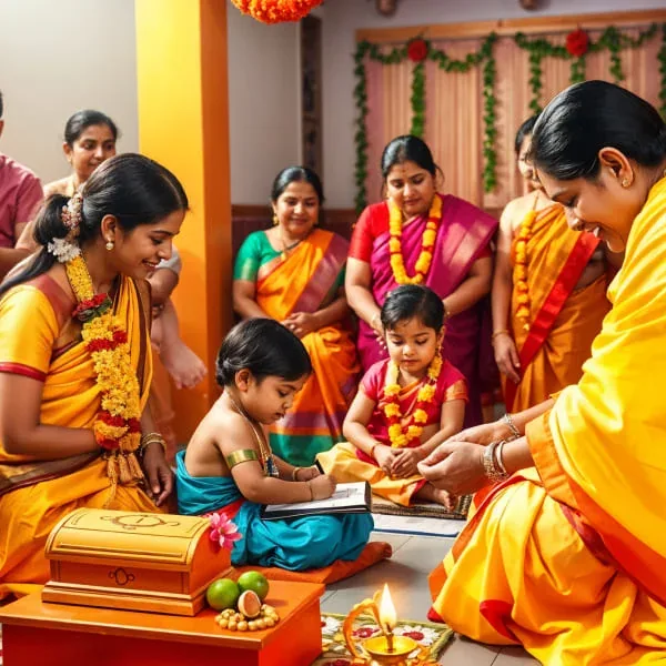 Young child writing in a book during a Vidyarambha ceremony while smiling family members in yellow and orange sarees look on, with a lit lamp and fruits in front