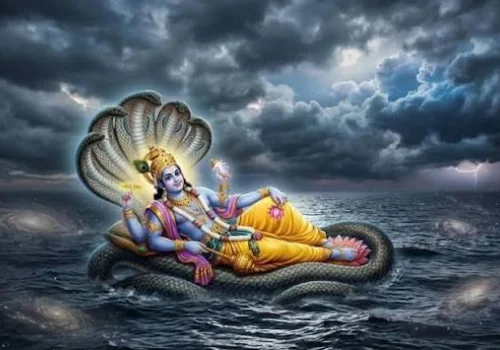 Lord Vishnu reclining on the serpent Shesha over a stormy ocean, representing Vishnu Havan